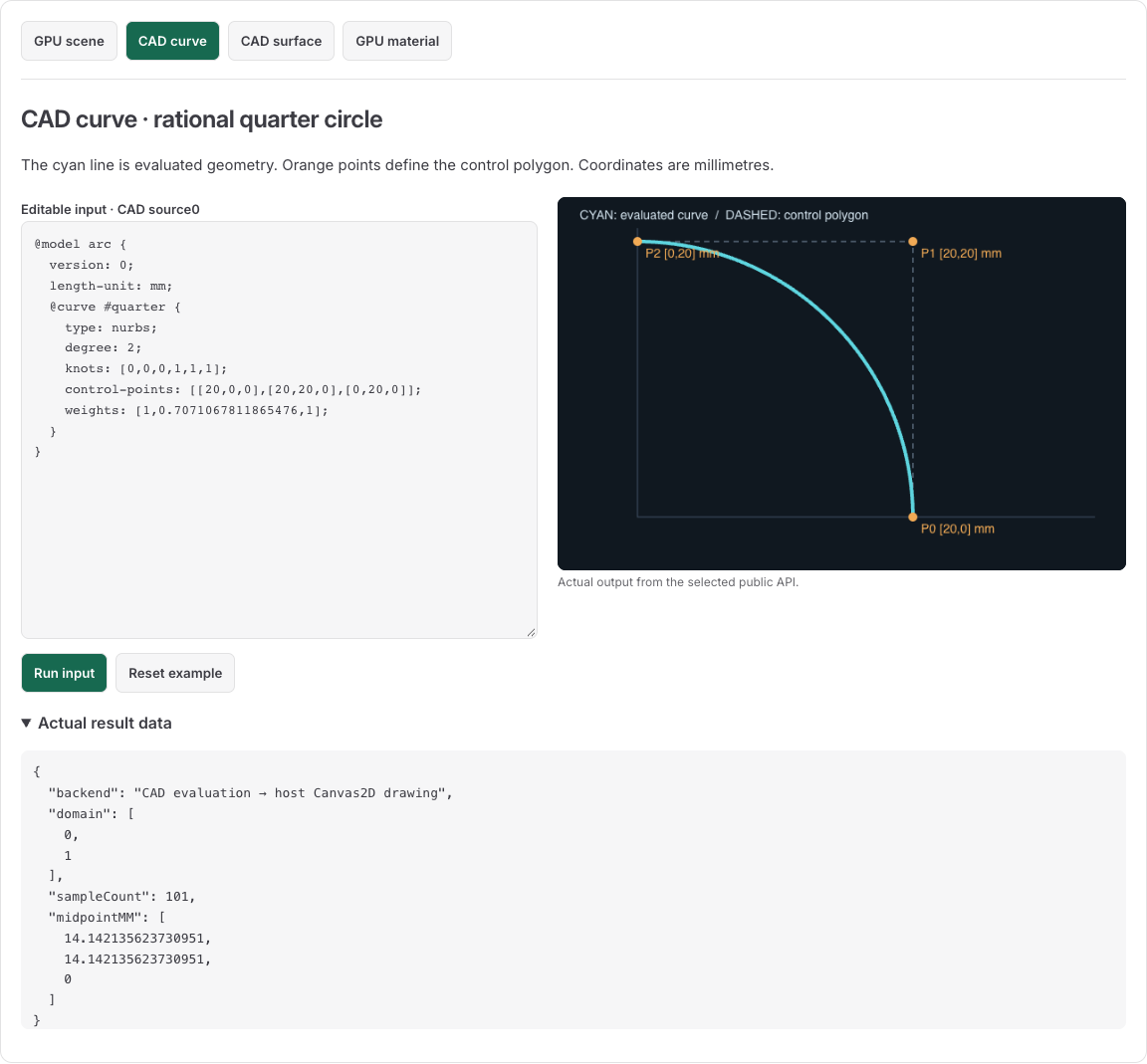 CAD evaluated quarter circle with its control polygon