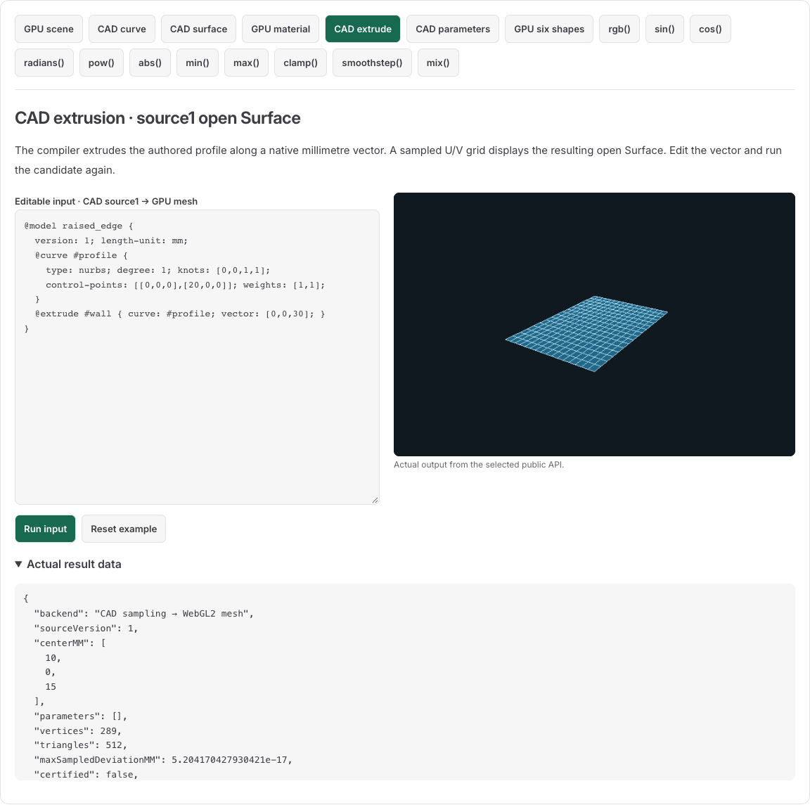 Source1 Curve extrusion displayed as a sampled open Surface