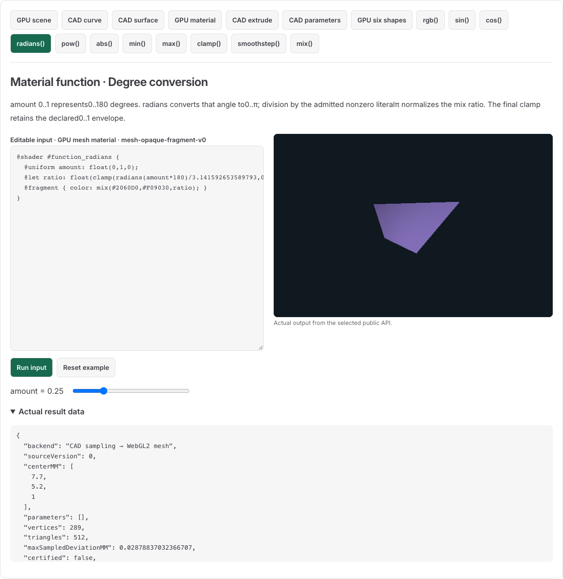 Actual browser capture for the radians material sample